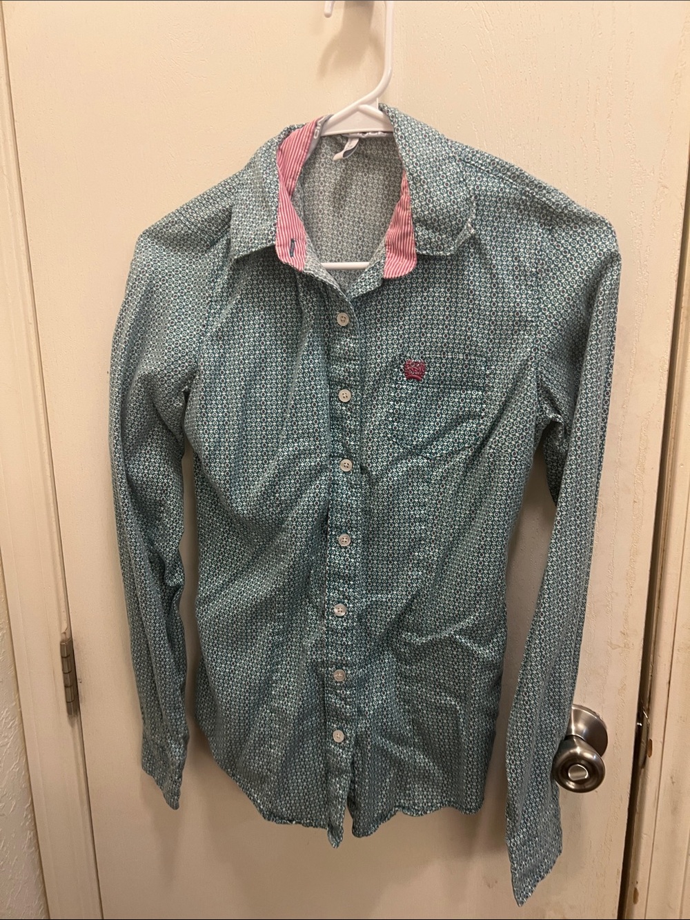 Cinch Women's Teal Button Down Shirt with Pink Accent